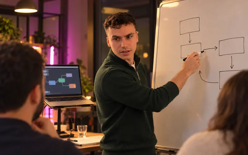 Eren Hocaoğlu bir atölyede tahtaya şema çizerek anlatıyor