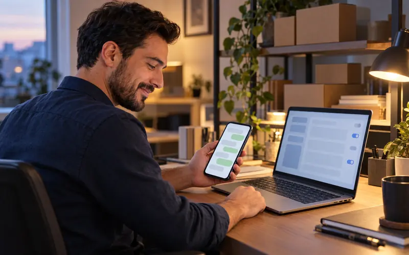 Ev ofisinde telefonundaki asistan sohbetine bakan bir girişimci