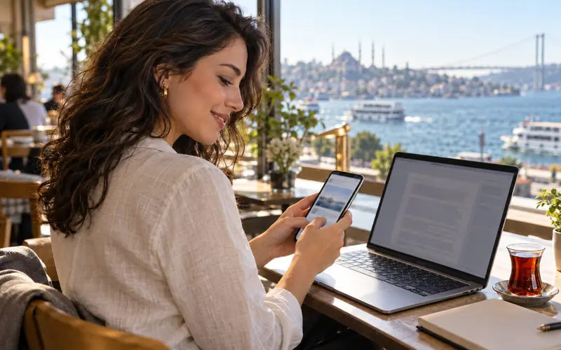 Kafede dizüstü bilgisayar ve telefonla içerik taslağı hazırlayan bir kadın