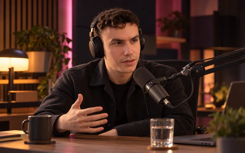 Eren Hocaoğlu podcast stüdyosunda mikrofonla anlatıyor